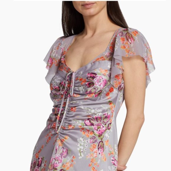 CINQ À SEPT Terrence Floral Print Ruched Flutter Sleeve Midi Dress Size 10 - Picture 5 of 9